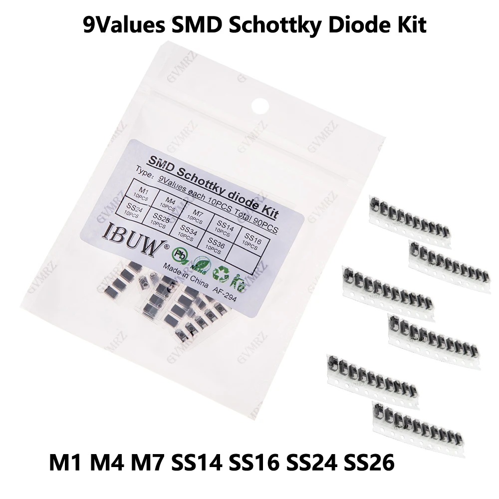 90PCS 9Values SMD Schottky Diode Kit M1 M4 M7 SS14 SS36 for Electronic Rectification Projects SS16 SS24 SS26 SS34