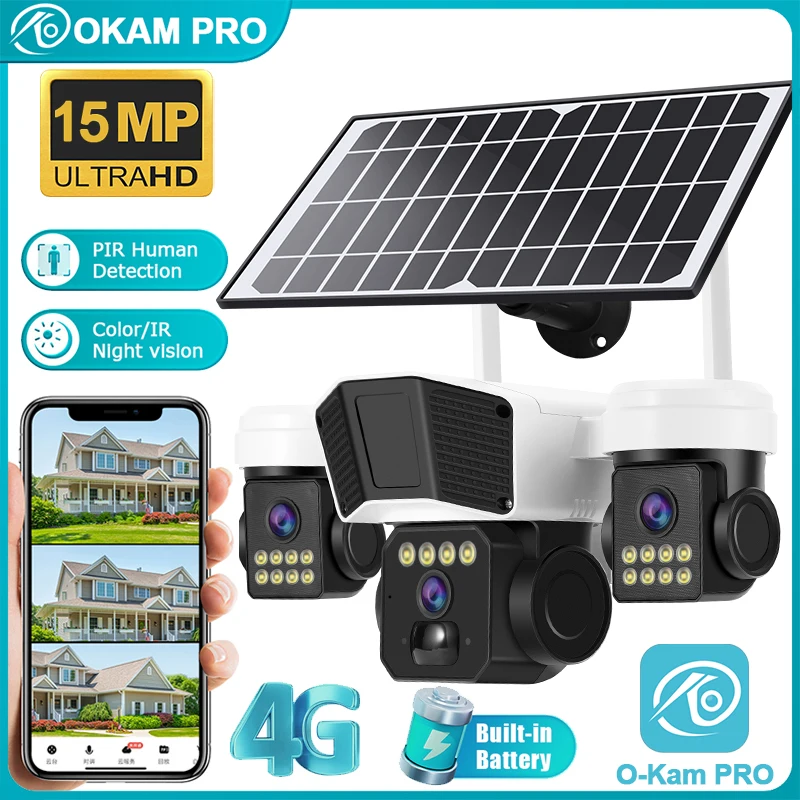 

OKAM PRO 15W Outdoor Solar Camera 3-Lens HD 15MP IP66 Waterproof 12000mAh Battery 4G SIM Camera Auto Tracking with Night Vision