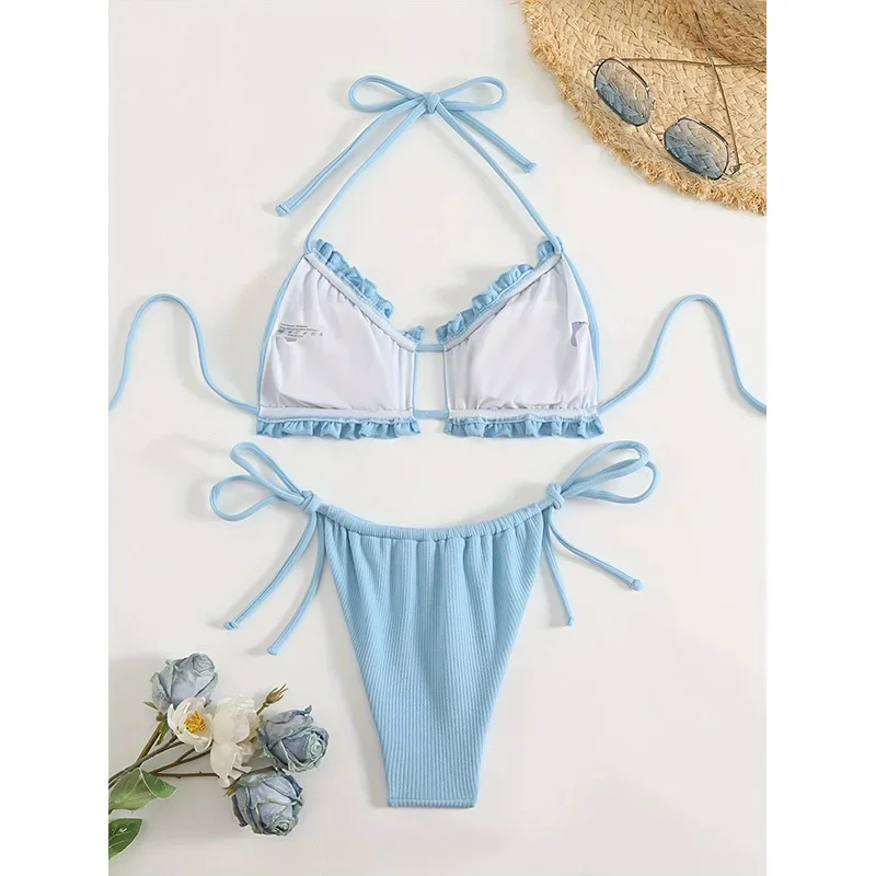 ブルーマイクロビキニ 2025 新ブラジル Biquini バンドー Tバック水着女性リブ水着水着女性の夏のビーチウェア