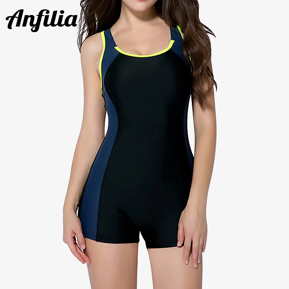 Anfilia Women One-piece Sports Swimwear Sport Swimsuit Colorblock Anthletic Swimwear Open Back Beach Wear Fitness Bathing Suits