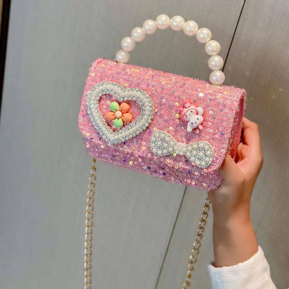 2024 Korean Style Pearl Kid\'s Handbag Lace Bow Princess Shoulder Messenger Bag Sequin Zero Wallet Pocket Pack