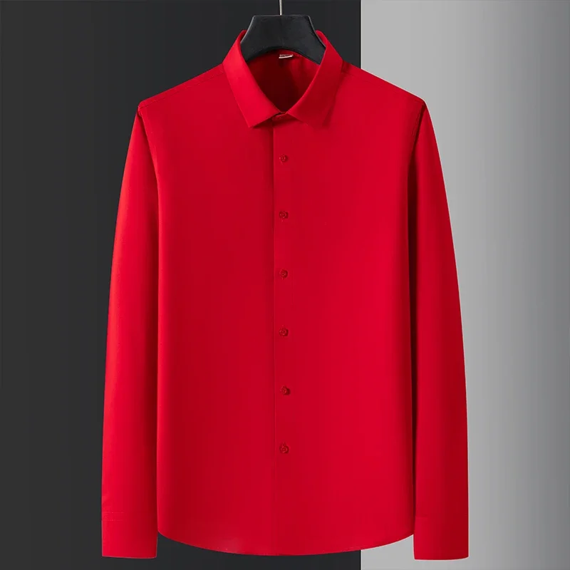 Thin Elastic Long-Sleeve Shirts for Men Smil Fit Formal Tops Social Soft Clothes Male White Black Office Wrinkle Free Shirt