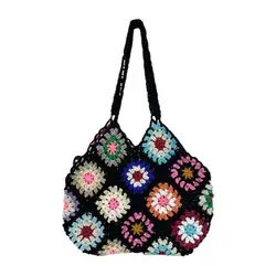 Tote Bag for Women Floral Crochet Large Capacity Vintage Multicolor Hollow Out Handbag Travel Shopping Bag