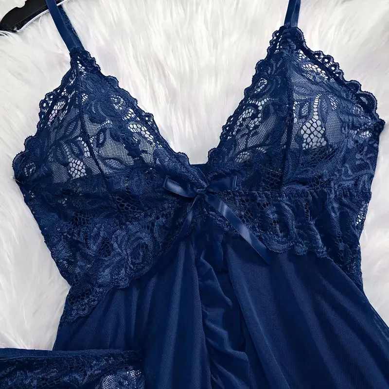 الرسن فستان صيفي الخامس الرقبة الدانتيل تول ثوب النوم مثير سراويل المرأة منامة حجم كبير الملابس الداخلية حساسة مجموعة رقيقة جدا Homewear