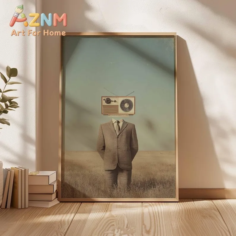 1pc Surreal Radio Head Poster, Unframed Retro Surrealist Art Print, Vintage Style Weird Wall Prints for Living Room Decortions