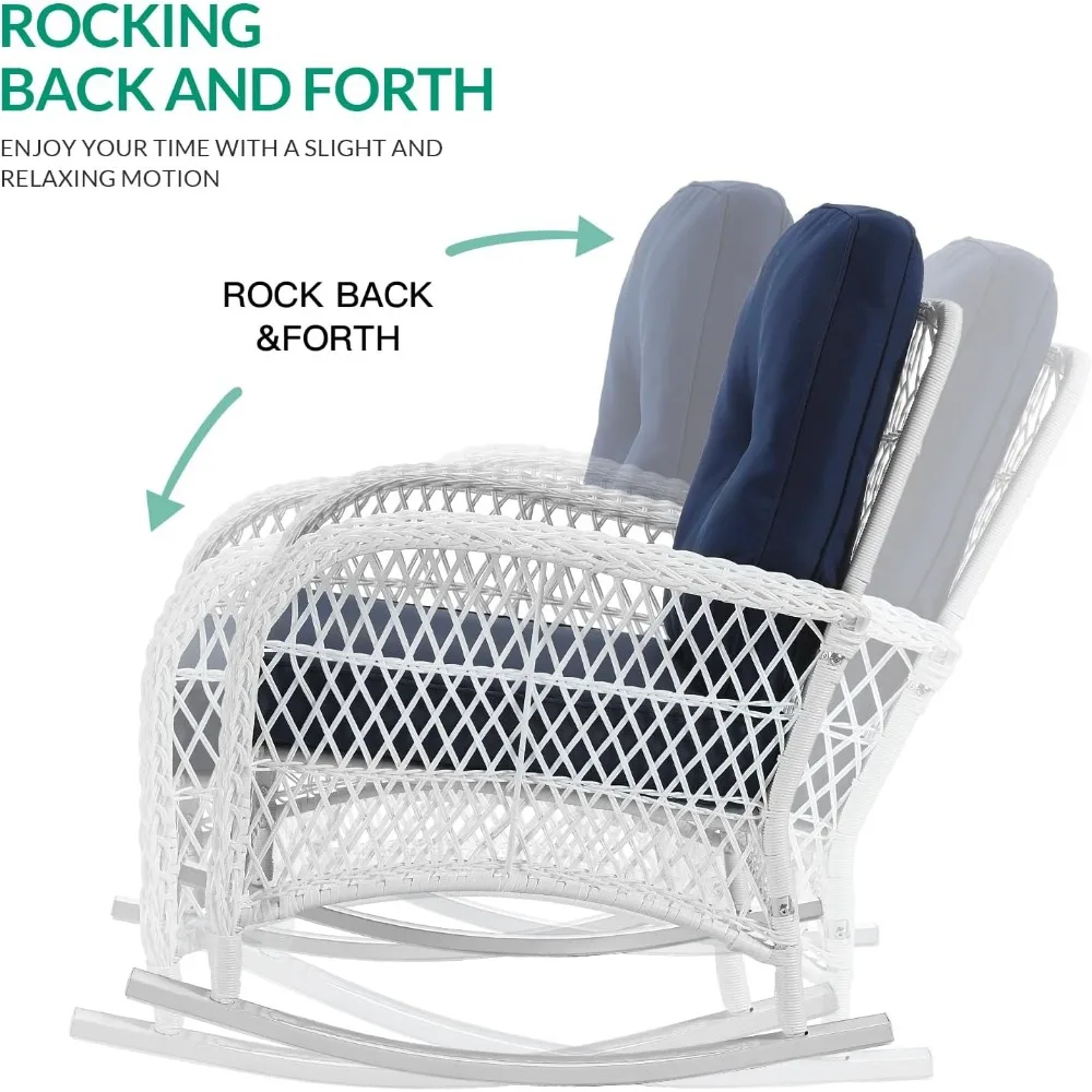 Outdoor Wicker Rocking Chair, Patio Rattan Rocker Chair with Cushions & Steel Frame, All-Weather Rocking Lawn Furniture for Gar