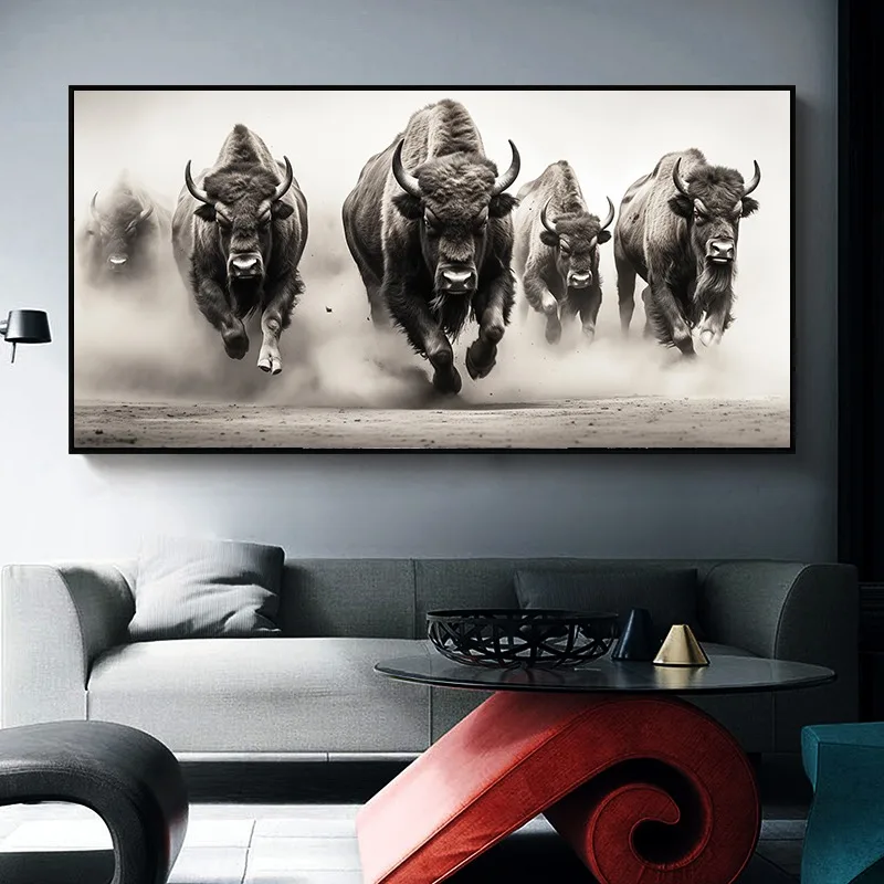 Vintage Animal Bison Running  Art Posters Canvas Painting Wall Prints Pictures for Living Room Home Decor Cuadros