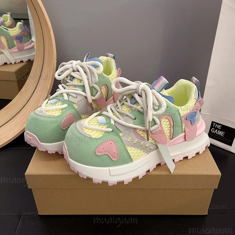 Damen Kawaii Colorblock Chunky Plateau-Sneaker mit Mesh-Schnürung, Dad-Schuhe, süße, höhenvergrößernde vulkanisierte Damenschuhe