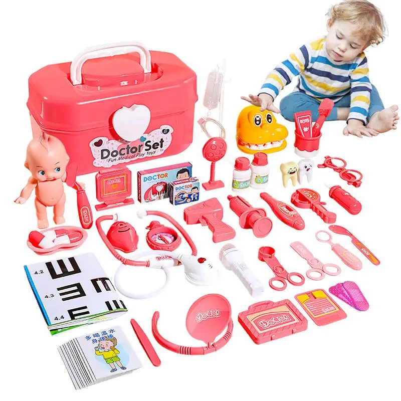 Conjunto Médico Infantil, Conjunto de Medicina, Interpretação de Papéis, Brinquedos Pretendentes, Brinquedo de Vestir com Estetoscópio e Caixa de Armazenamento, 52 unid