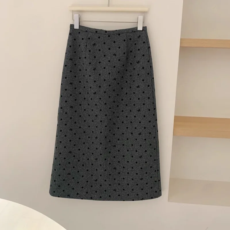 MiiiiX Office Lady Polka Dot Bow Woolen Skirt Women 2024 New Autumn Loose Elegant Midi Straight Skirt with Lining Female Clothes