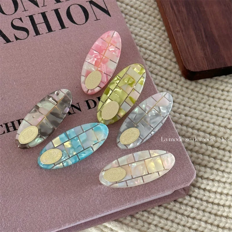 

New Vintage Acetate Barrettes Hair Clips Oval Colorful Checkered Plaid Grid Hairpin Korean Ins Girls Women Accessories Side Pins