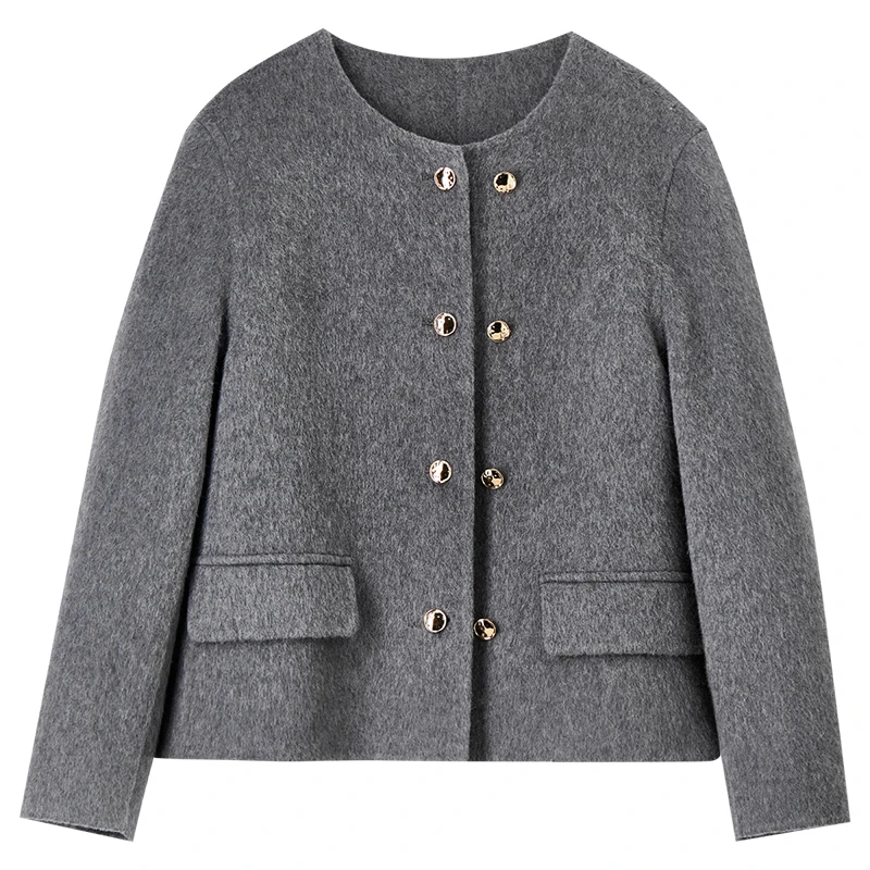 SENTUBILA Women Solid Short Woolen Coat 2025 Elegant Crew Neck Straight Short Jackets Office Lady Winter Coat Female W44O56641