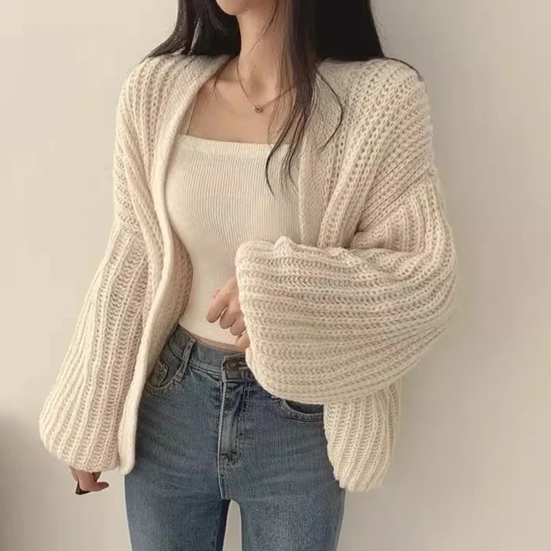 

Шикарный осенне-зимний ленивый Sle V-Ne, свободный универсальный фонарь Све, мягкий уютный вязаный открытый кардиган, свитер, верхняя одежда