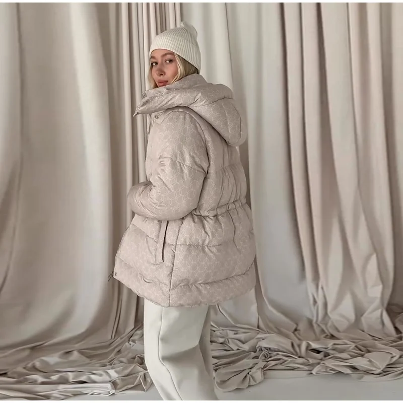 Upgraded Thickened Allover Printed Mid Length Padded Coat Stand Collar Drawstring Waist Windproof 2026 Winter Women Outer Jacket