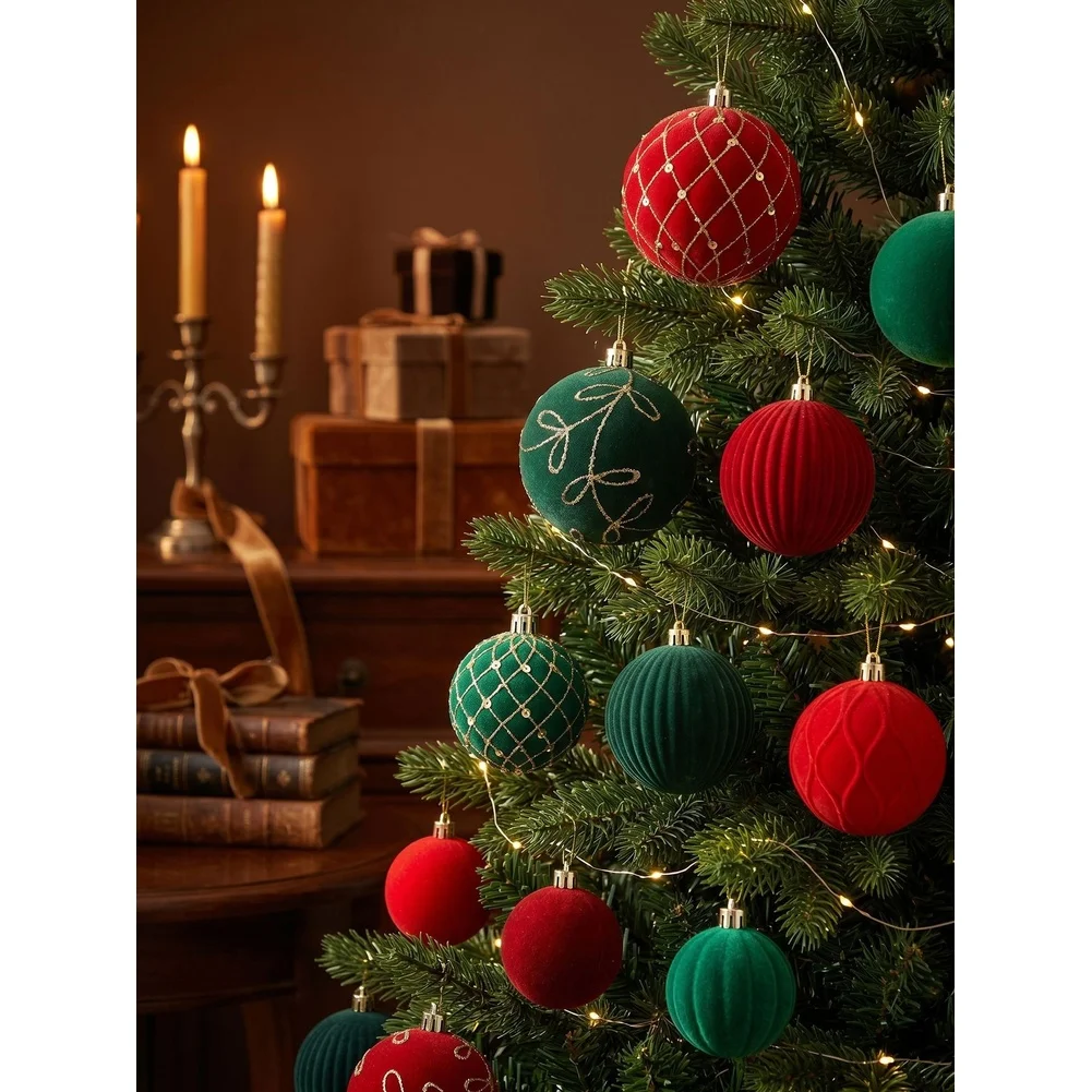 44pcs For Red Green For velvet Flocked Ornaments Set for Christmas Tree Decor with Embossed Relief and Vine Trim