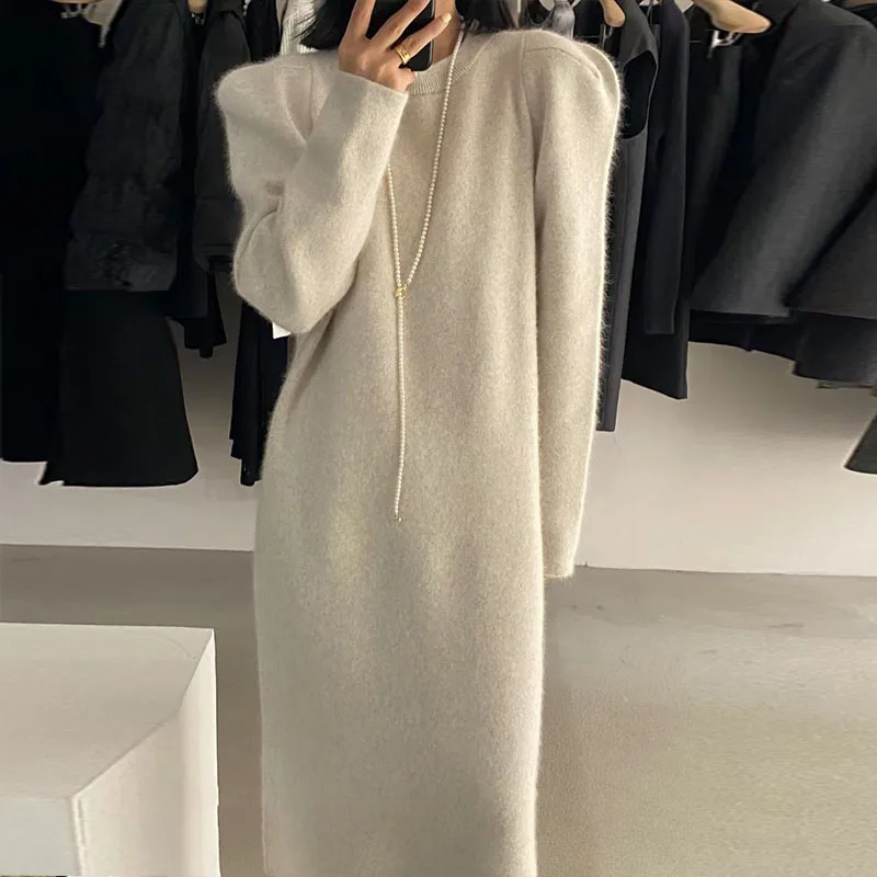 Knitted sweater solid color medium long dress over knee pullover knitted loose base over knee solid color women