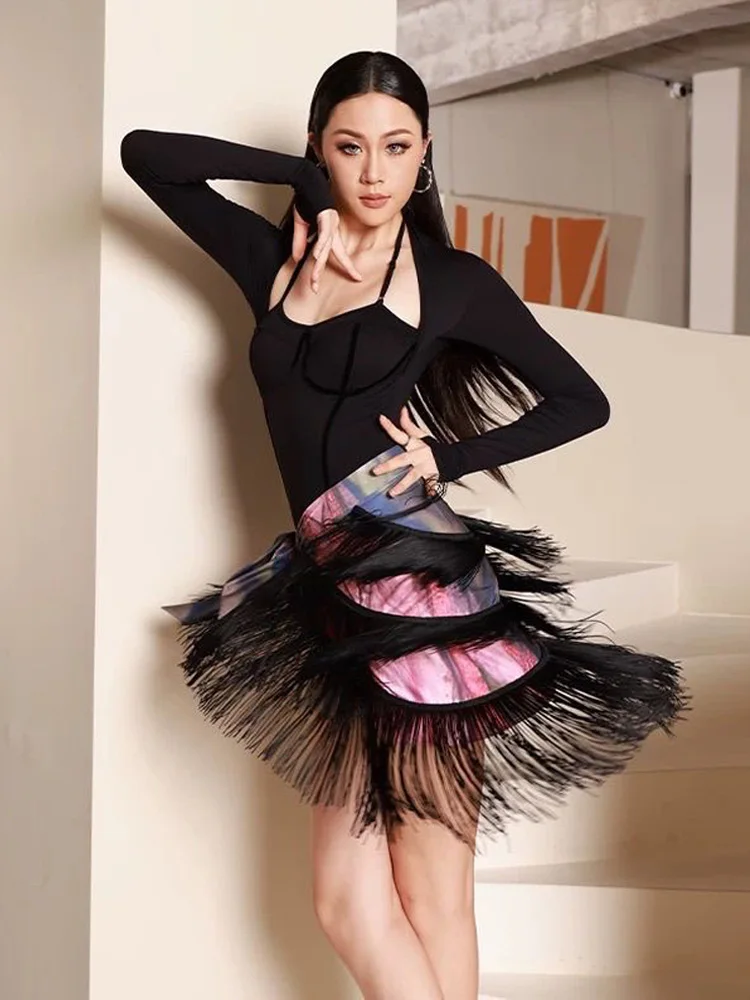 Weibliche Quaste Hüfte Schal Design Latin Dance Rock Linie Tanz Kleidung Frauen Dancewear Rock Walzer Kleid Latin Dance Tragen
