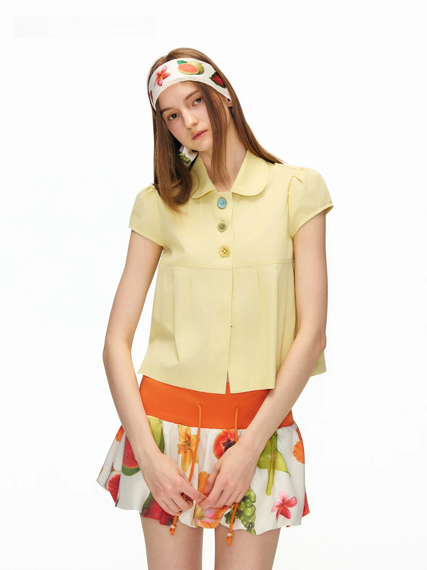

Outtheblue Vintage Washed Short Sleeve Lemon Salt Summer New Style Women's Shirt Doll Collar Flying Sleeve Cotton Top
