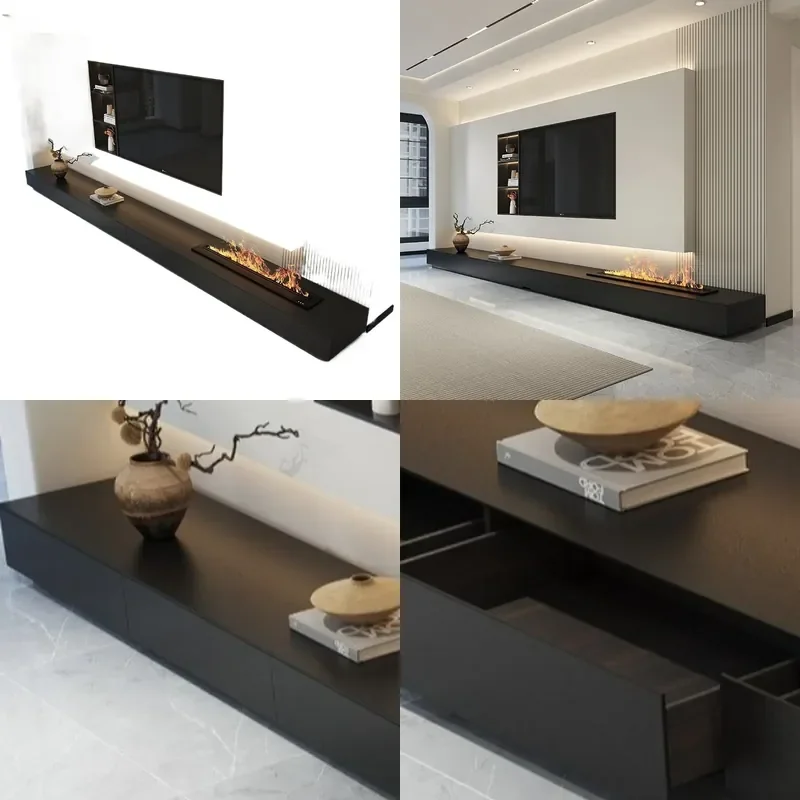 Italian Minimalist Rock Panel TV Cabinet with Fireplace Modern Simple Living Room Home Light Luxury High End Floor TV Stand