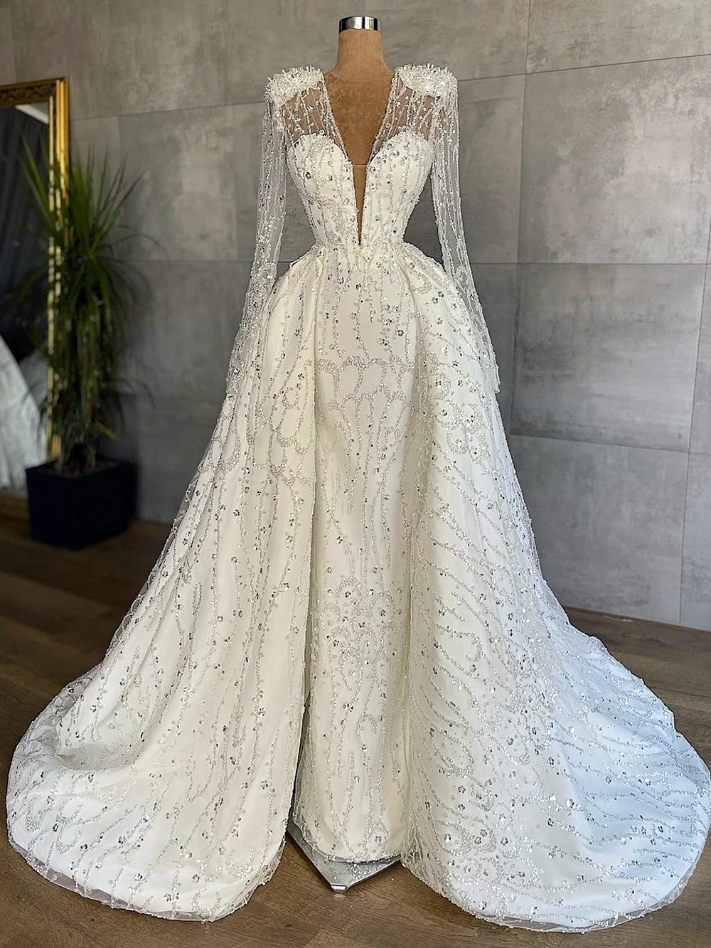 Luxurious Mermaid Wedding Dresses with Detachable Train Bridal Gowns Custom Made Lace Sequins Trumpet Vestido de novia