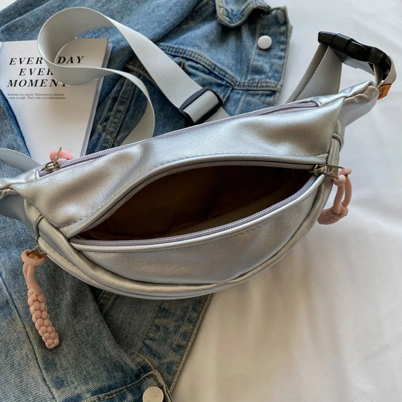 Trend Silver Chest Bag Fanny Pack for Women Portable Mobile Phone Bag Large Capacity Crossbody Bag Soft PU Half Moon Waist Bags - view 4