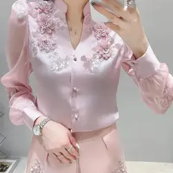 Camicia temperamento donna Moda perline camicette Vintage floreali Blusas Mujer De Moda nuova camicetta a maniche lunghe con scollo a v top da donna