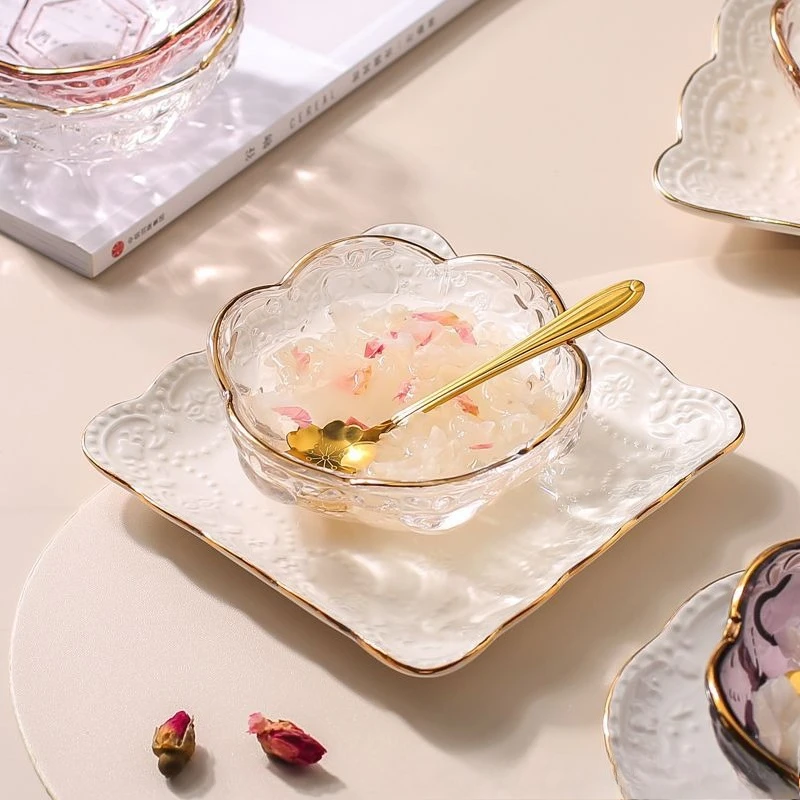 LH dessert bowl transparent glass small bowl breakfast tableware fruit bowl with spoon