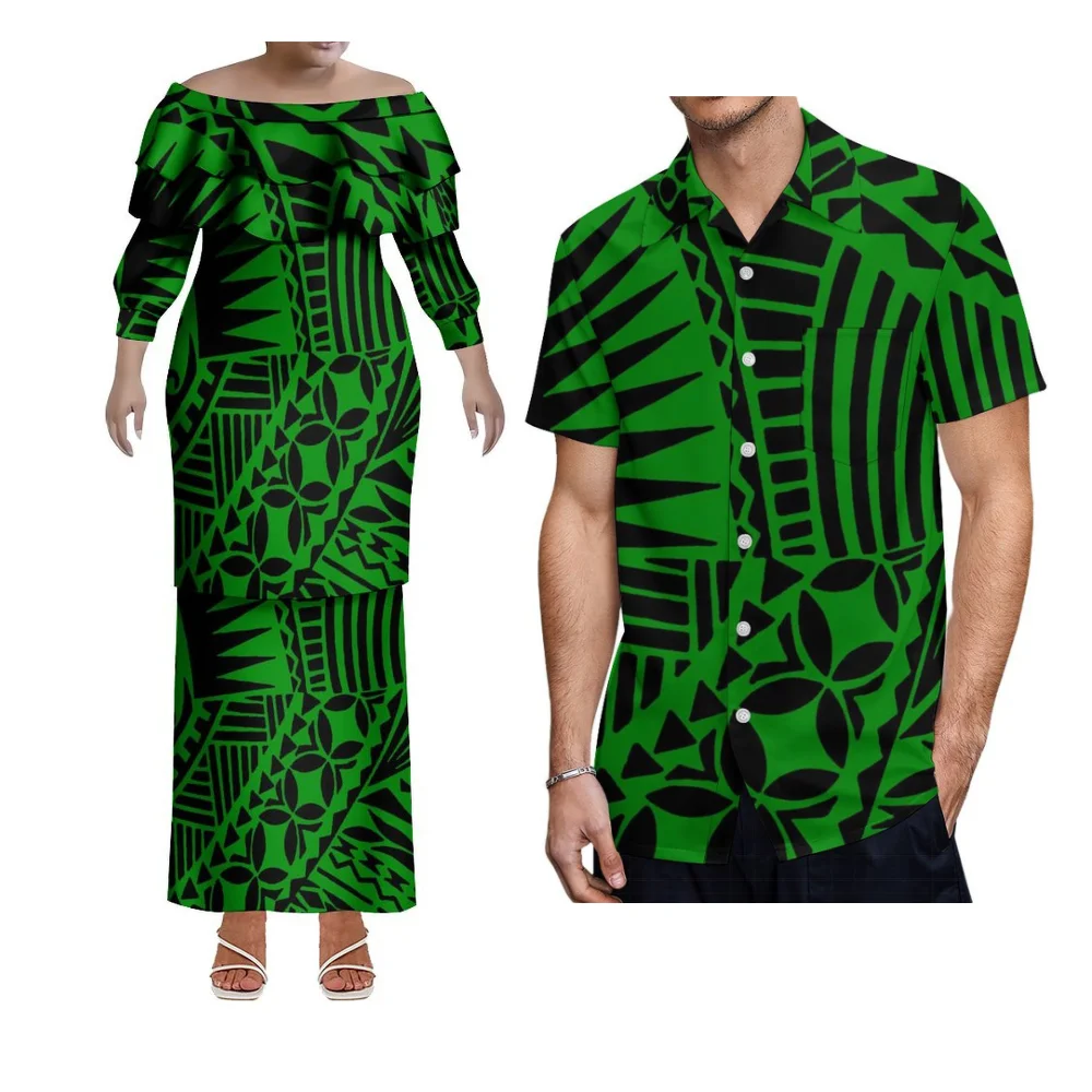폴리네시안 아일랜드 스타일 커플 세트 3D 프린팅 플로럴 풀레타시 여성용 투피스 세트 & 남성용 반팔 셔츠