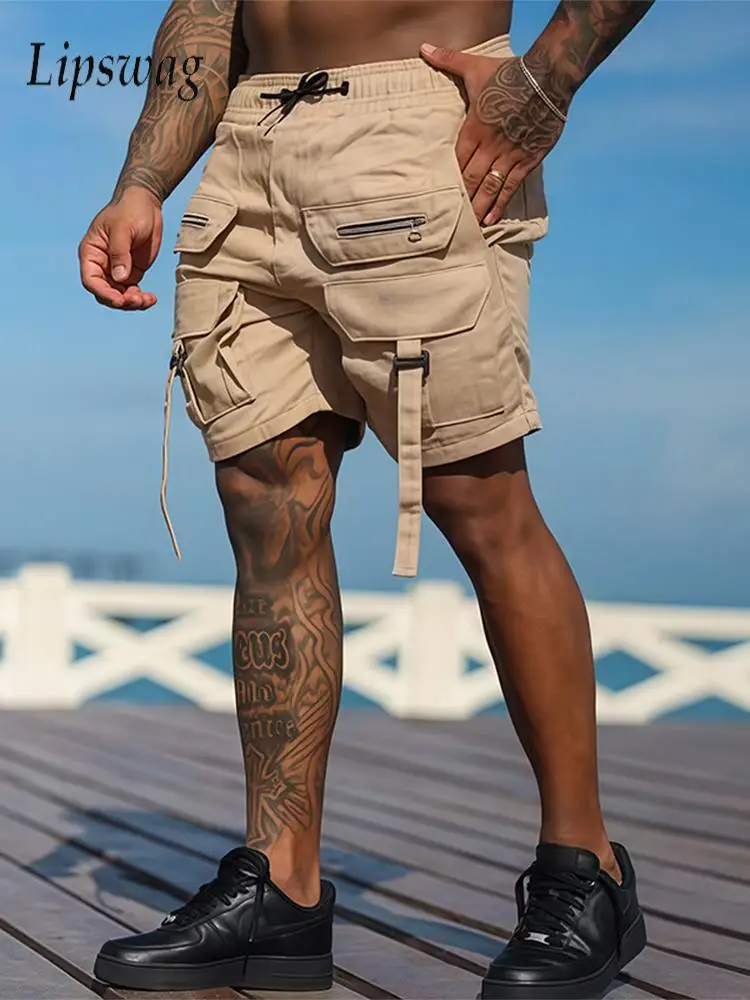 

Модные однотонные шорты-карго для мужчин, новые летние повседневные свободные лоскутные шорты с несколькими карманами, мужские винтажные шорты на шнуровке