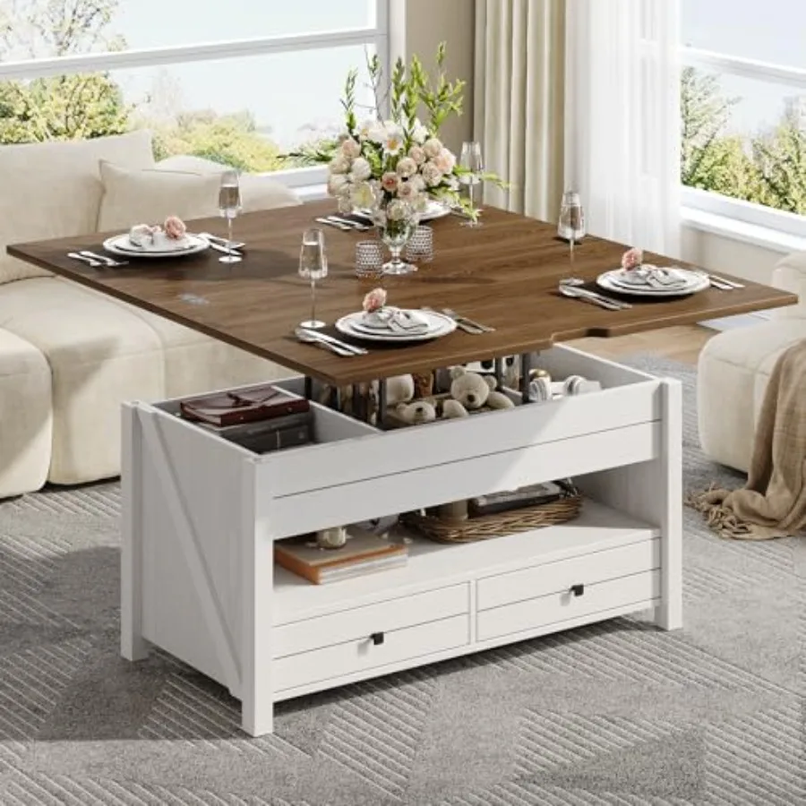 

Журнальный столик с подъемным верхом в фермерском доме и 2 ящиками для хранения. Центральный стол в деревенском стиле с большим скрытым отделением для хранения. Журнальный столик C.