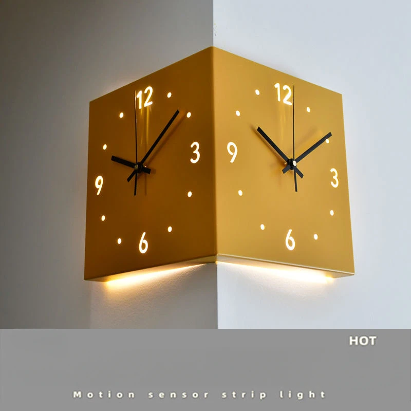 Inductive luminous corner clock, square living room, double-sided clock, iron digital hollowed out double-sided wall clock