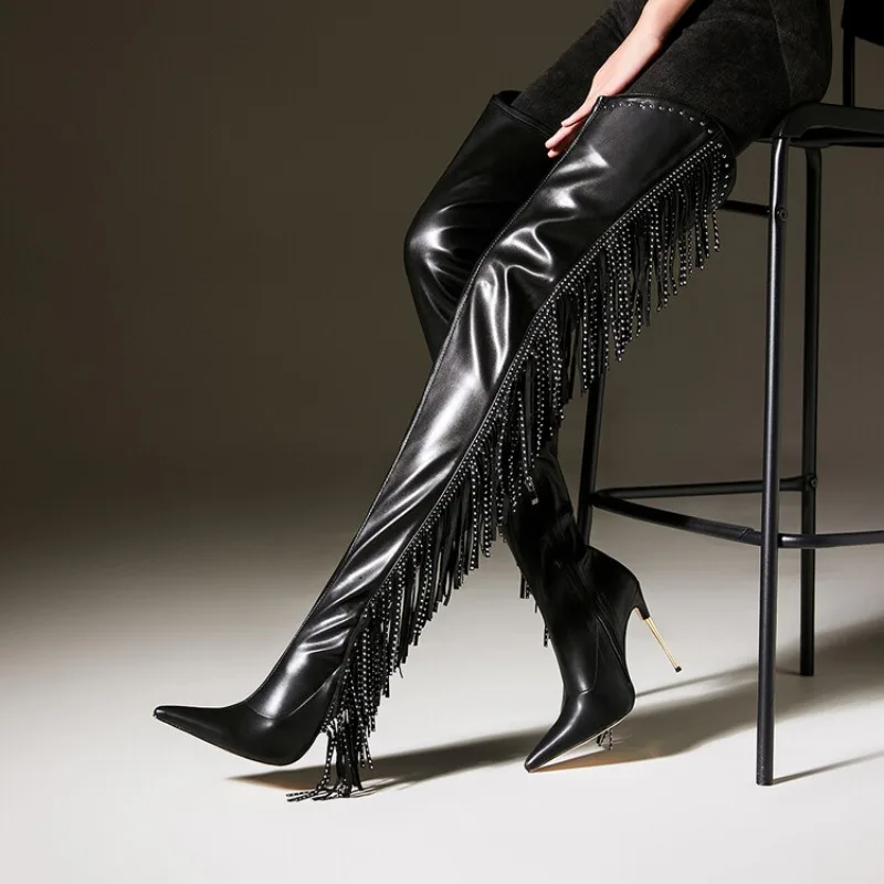 

Black Side Zipper Tassel Belt Style Over Knee Boots Size 35-45 Waterproof Platform Round Head Nightclub Steel Pipe Dance Boots