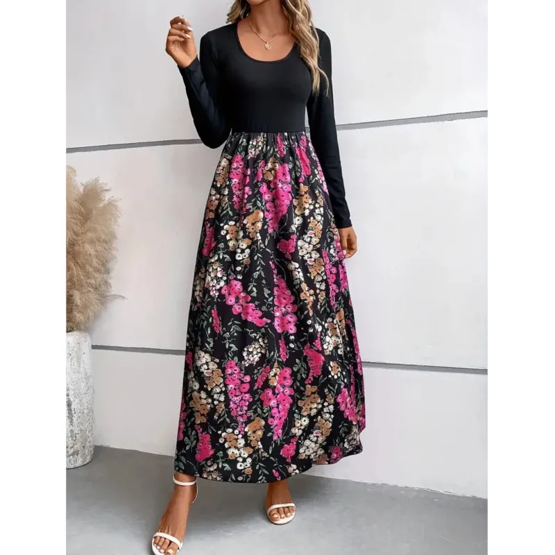 Moda Vintage Floral Dress Women Sundress 2024 Autumn Casual Long Sleeve Maxi Long Vestidos Female A Line Patchwork Robe Dress