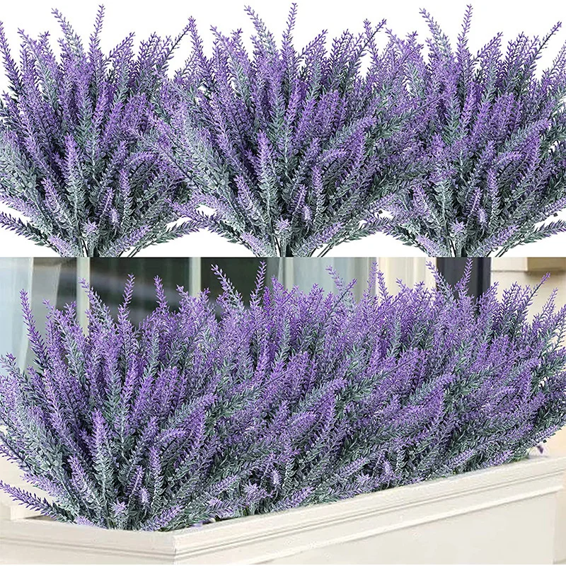 Artificial Flowers Flocked Plastic Lavender Bundle Fake Plants Wedding Bridle Bouquet Indoor Outdoor Home Kitchen Office Table