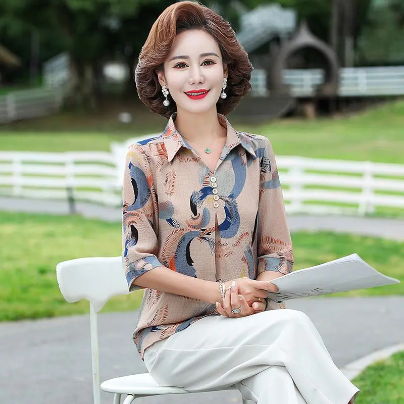

Mother Spring Summer New Half Sleeve Cotton Linen T-Shirt Women Loose Large Size Casual Shirt Top