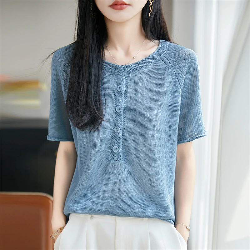 

Новая женская трикотажная футболка с коротким рукавом и круглым вырезом из льна, базовый женский пуловер с коротким рукавом, модная новинка лета 2026 года, хит продаж