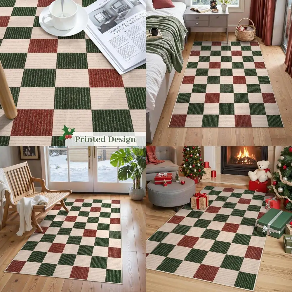 

Christmas 3'x5' Checkered Farmhouse Rug, Non-Slip Entryway Mat, Neutral Geometric Design for Bedroom, Kitchen, and Bathroom