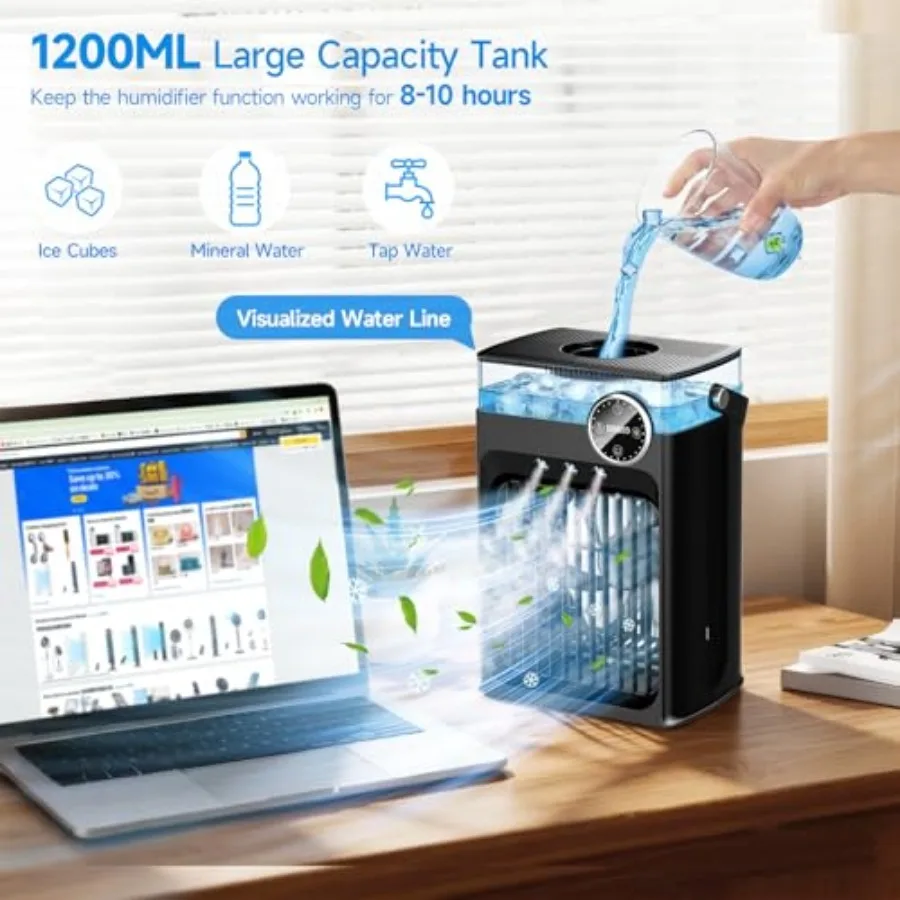 Portable Air Conditioners, 4 in 1 Evaporative Air Cooler with 1200ML Tank, Queit Cooling Fan with Remote Control, 2-8H Timer, 3
