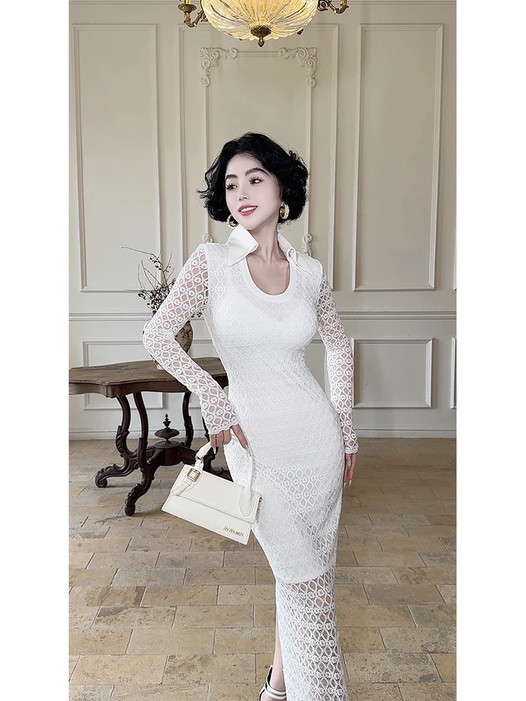 

White Lace Dr Women's Summer New Sle 2025 Waist Cinched Bodycon Skirt French Sle Long Sve U-Neline Pure Color