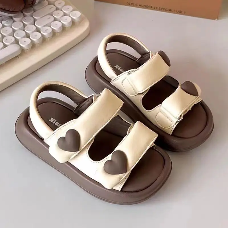 Summer Girls Heart Princess Beach Sandals Kids Open-toe Soft Sole Non-slip Slippers Children Hollow Casual Flip-flops Everyday