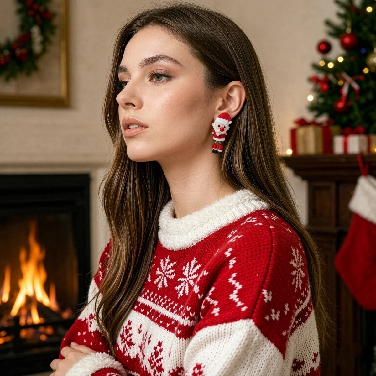 Modische Ohrstecker aus weichem Ton mit Weihnachtsmann-Motiv für Damen, exquisite Weihnachtsmann-Ohrringe aus Kunstharz, Neujahrsparty-Schmuck – Detail 5