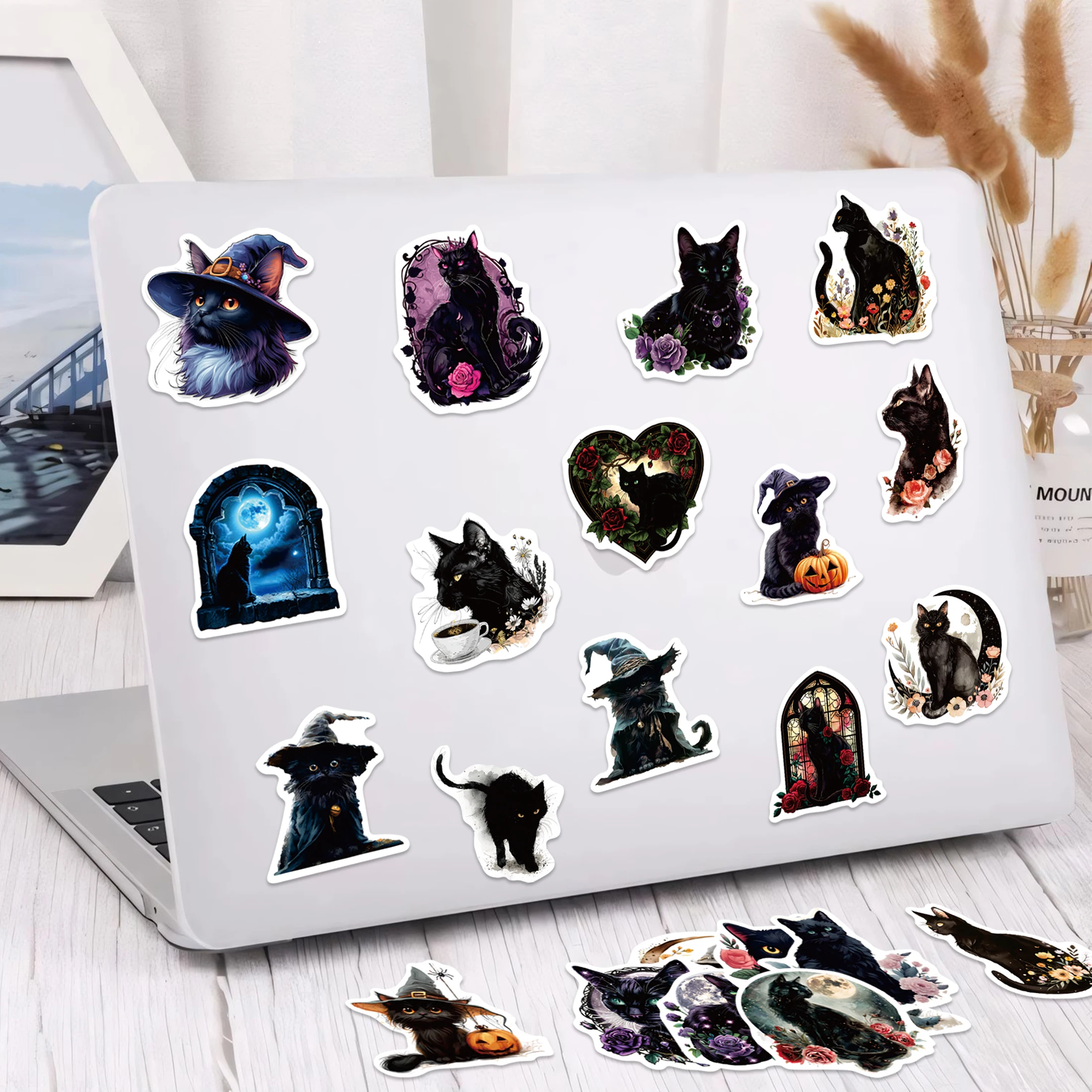 Świecące w ciemności naklejki z motywem kota i słońca, 51 szt., ciemny styl, świecące naklejki samoprzylepne, wodoodporne, artykuły.