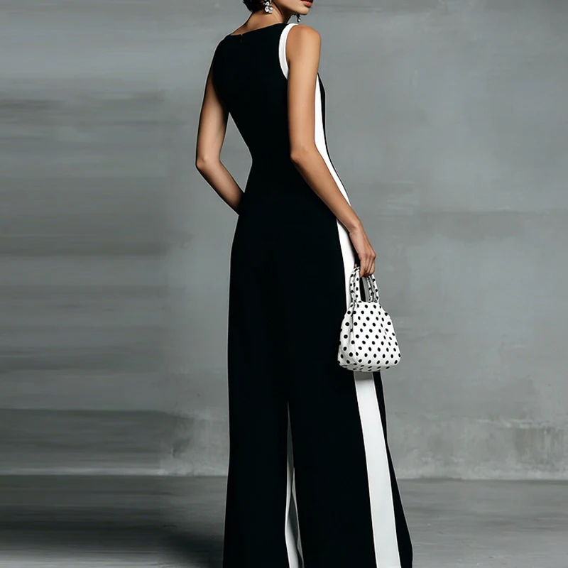 

Модный комбинезон с цветовыми блоками, без рукавов, с широкими штанинами, элегантный, с V-образным вырезом, женский, с высокой талией, для офиса, с карманами, стильный.