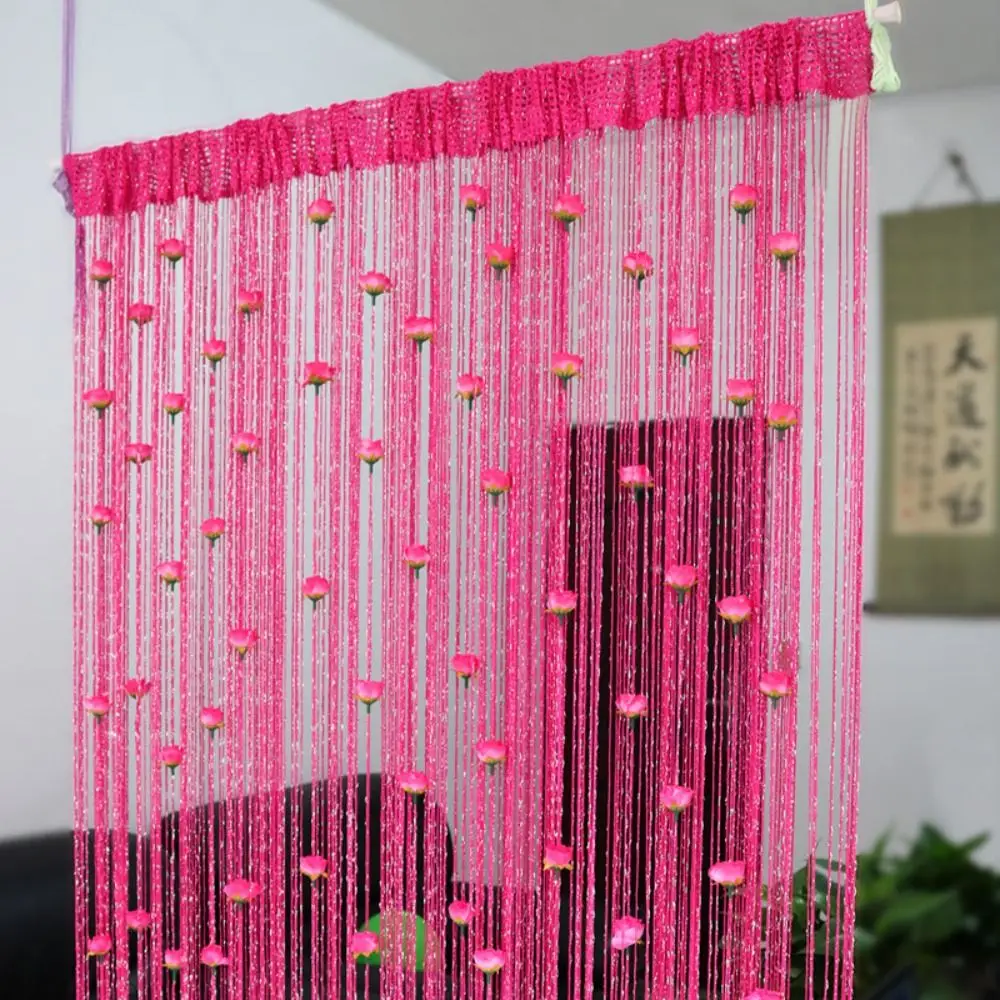 Window Treatment Shiny Rose Flower String Curtain Solid Color 1*2M Door Curtain Room Divider Tassel Window Curtain Home Decor