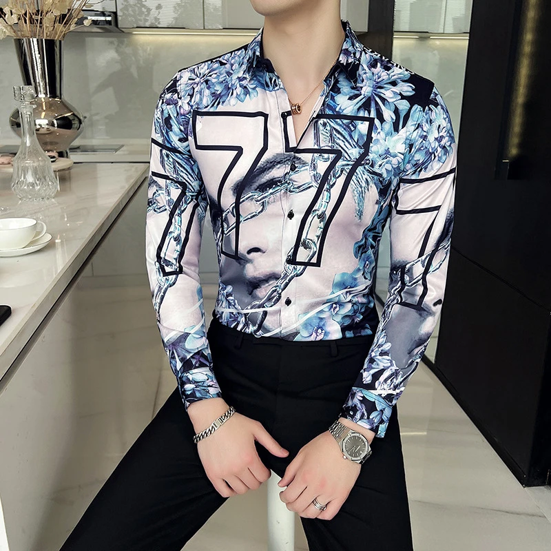 Trendyol Men Vintage 77 Printed Long Sleeve Shirts Fashion Luxury Button Up Shirt Designer Clothes Mens Camisa Hawaiana Hombre