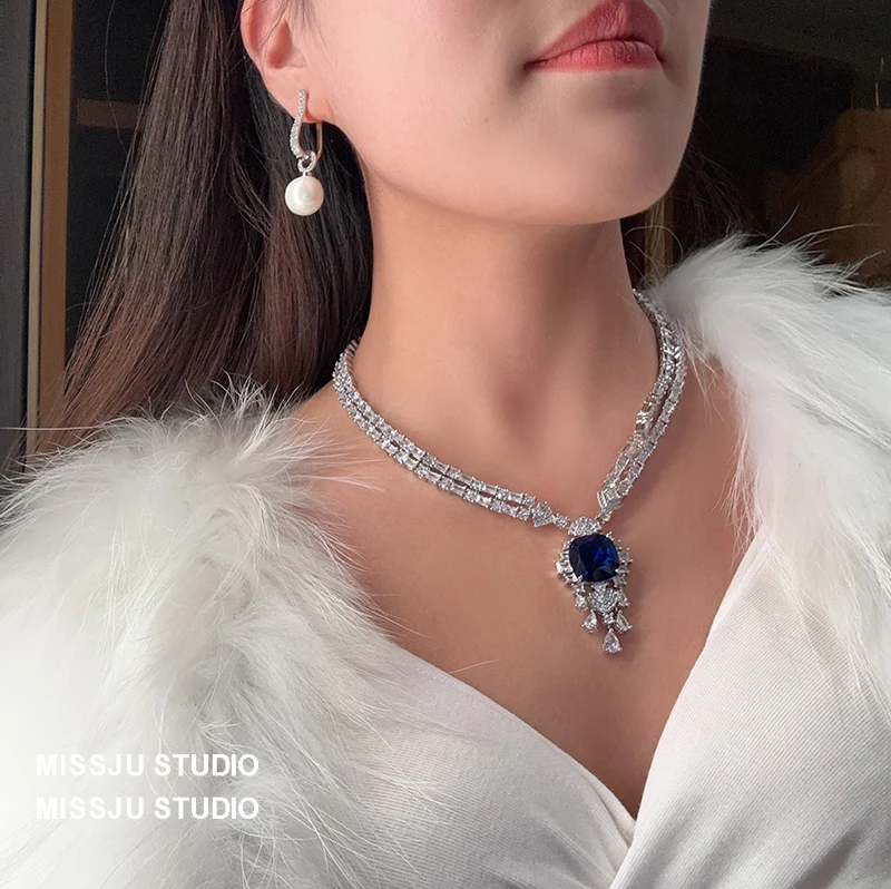 Yessy Vee Women Shining Luxury Necklace Exquisite-Made Sri Lanka Blue Gemstone Tassel Necklaces Shining Double Zircon Bride