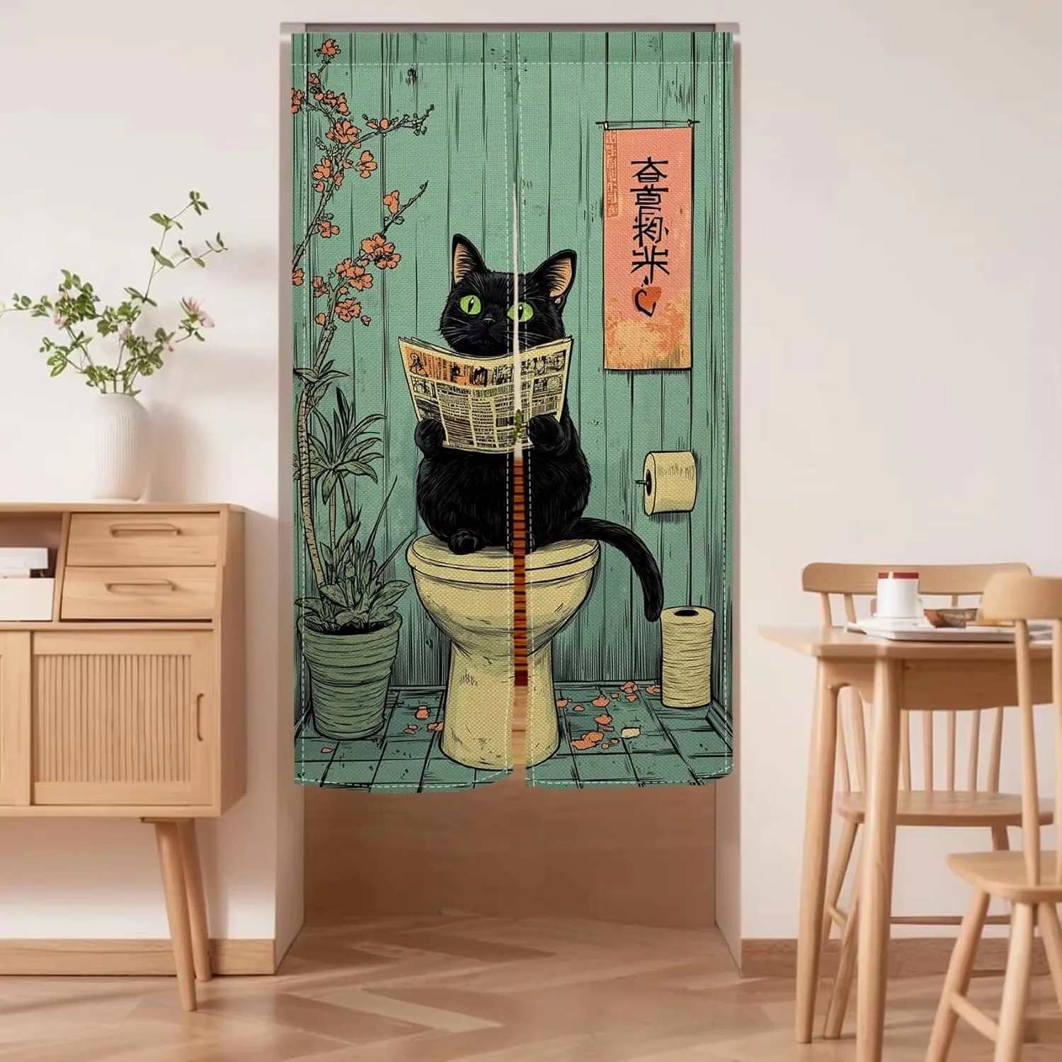 VIKAMA Fun Black Cat Half Curtain, Privacy Partition Curtain for Bathroom, Household Bathroom Decoration Hanging Curtain