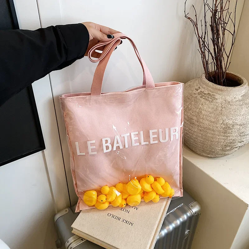 

Retro Texture Letter Handbag Trendy Crossbody Small Square Jelly Transparent Bag with Cute Little Duck Doll Shoulder Strap