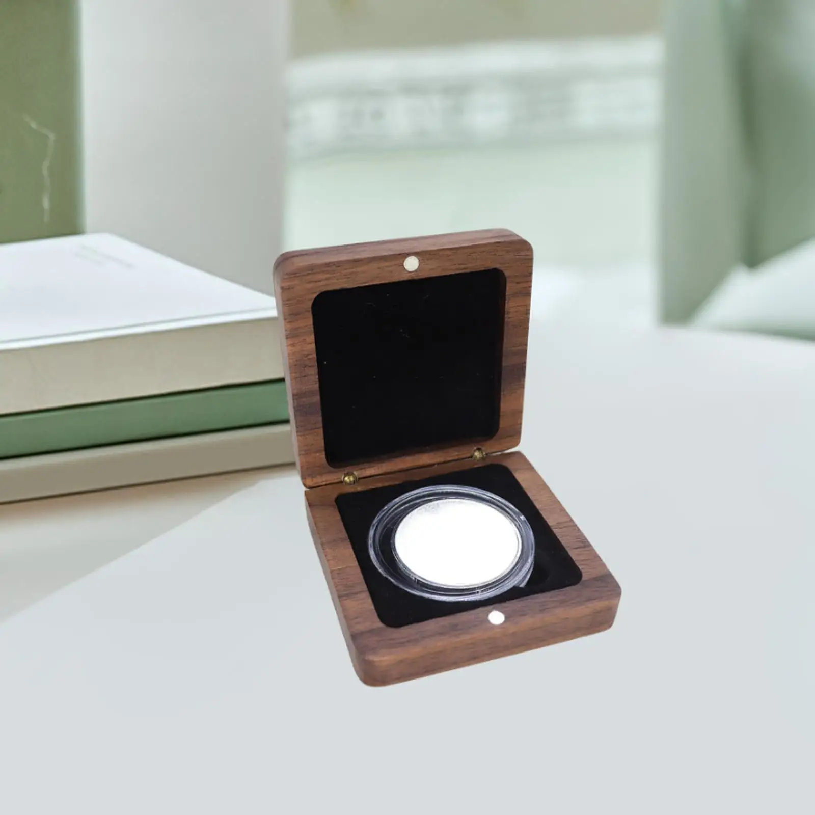 Square Wooden Storage Box for Coin and Medal Display with Velvet Inside Portable Collection Case