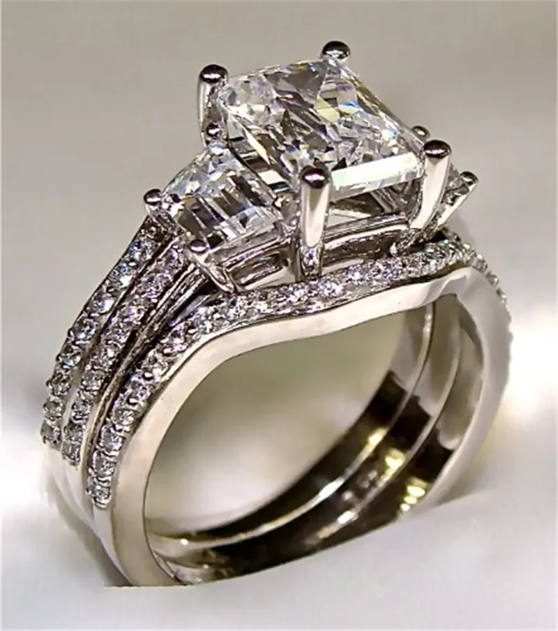 Vintage 10K White Gold 3ct Lab Diamond Ring sets 925 Sterling Silver Bijou Engagement Wedding band Rings for Women men Jewelry